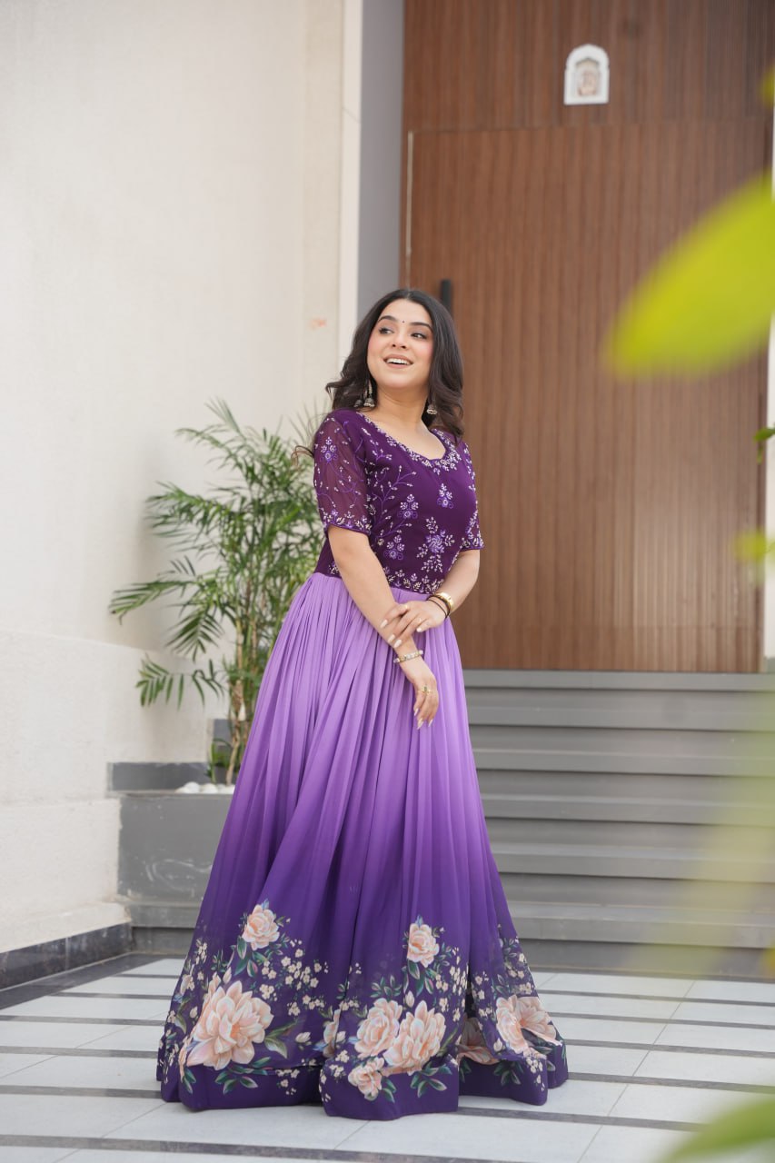 Women's Elegant Teal & Aqua Ombre Gown with Floral Printed Flair & Embellished Bodice – Perfect for Summer Festivities & Parties - Image 15